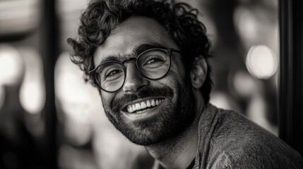 Smiling man with curly hair and glasses exuding warmth and joy in a black and white portrait against a soft blurred background