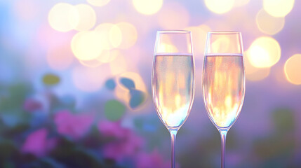 Romantic Champagne Flutes Sunset Celebration Toast Festive Drinks Sparkling Wine Elegant Glassware  