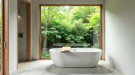 Fototapeta premium Serene Bathroom Sanctuary with Lush Greenery View, Featuring a Freestanding Oval Tub and Wooden Accents