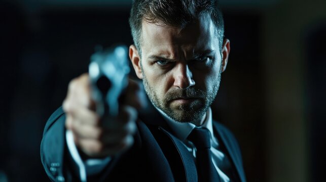 Dramatic portrait of a serious special agent in suit aiming a handgun showcasing tension and intensity in law enforcement and crime scenario