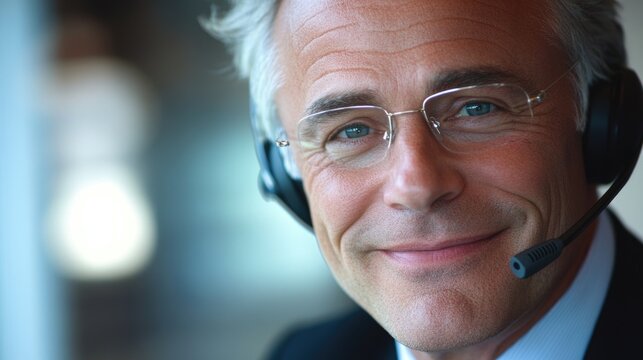 Confident mature businessman in headset smiling at camera showcasing professional communication skills in modern office environment
