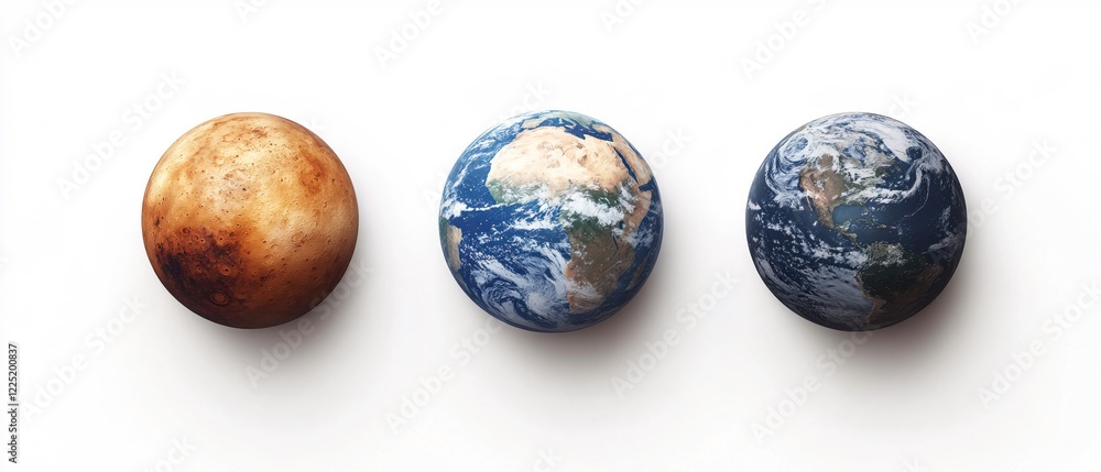 Poster three spheres in a row on white background showing different planetary surfaces and colors