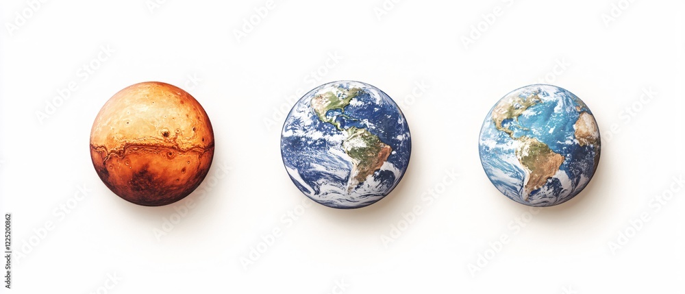 Aufkleber three planets aligned on white background showing mars and earth in different perspectives