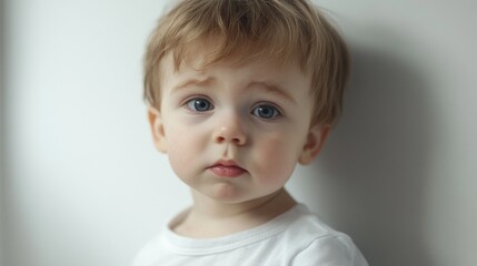 Fototapeta premium Toddler Boy with Sad Expression Reflecting Childhood Struggles Against a White Background Emphasizing Innocence and Emotional Depth