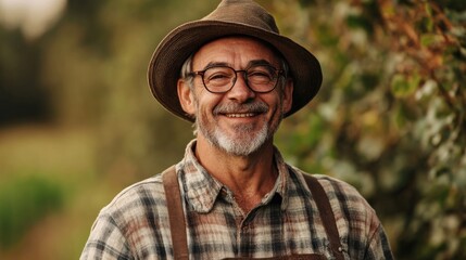 Obraz premium Happy Professional Farmer Smiling Outdoors in Tattered Clothes and Hat Surrounded by Lush Greenery at Farm