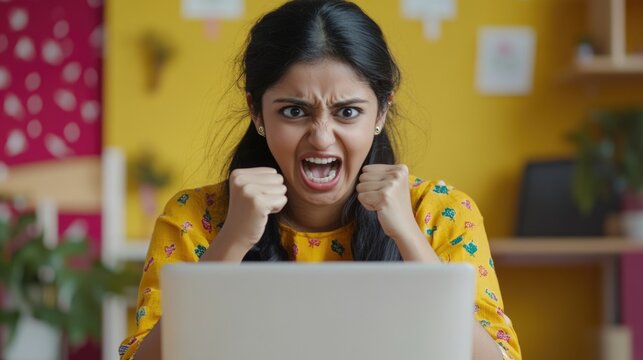 Excited Indian woman celebrating good news at her desk with laptop, expressing joy with clenched fists and a triumphant gesture.