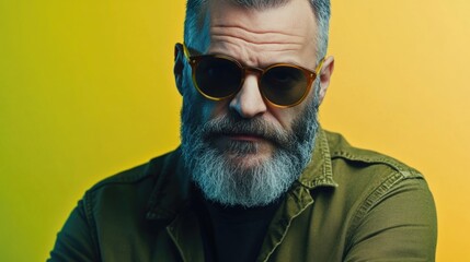 Fototapeta premium Curious bearded businessman wearing sunglasses showing skepticism against a vibrant green yellow background reflecting emotions and body language.