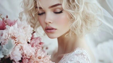 Fototapeta premium Elegant bride with curly blonde hair holding a lush wedding bouquet showcasing exquisite fashion makeup in a soft romantic setting