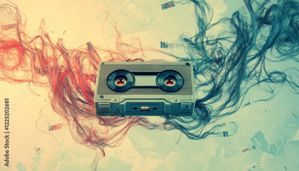 Poster retro cassette tape art with flowing red and blue abstract patterns on light background