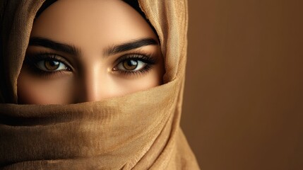 Naklejka premium Elegant portrait of a Muslim woman in hijab showcasing lifestyle apparel against a warm brown background symbolizing Idul Fitri fashion.