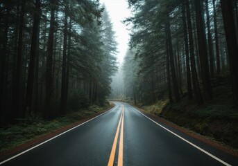 Obraz premium Misty forest road with tall trees and double yellow line under overcast sky