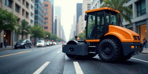 Naklejka premium A modern orange road roller stands on a city street, ready for paving work, amidst a blurred background of urban architecture and parked vehicles.