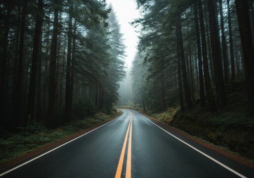 Misty forest road with tall trees and double yellow line under overcast sky - Powered by Adobe