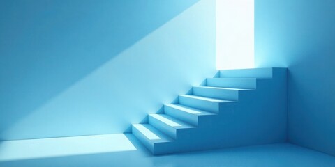 Fototapeta premium Light Blue Staircase Ascending Towards a Bright Opening in a Minimalist Room Setting