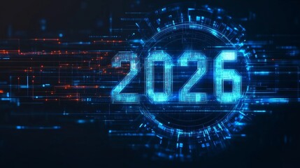 Futuristic Year 2026 on a Technological Interface with Glowing Light Effects and Data Streams