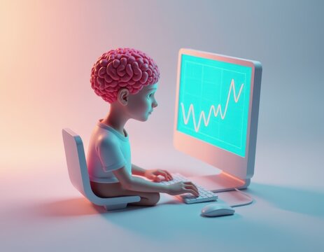 3D Render of Brain Child Analyzing Stock Market Graph on Computer