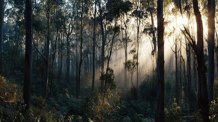Obraz premium Sunbeams pierce misty forest at dawn.