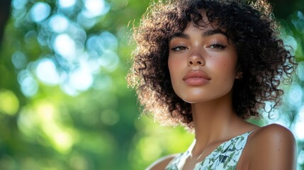 Portrait of a confident woman with curly hair in a sunlit summer park surrounded by lush greenery and dappled sunlight.