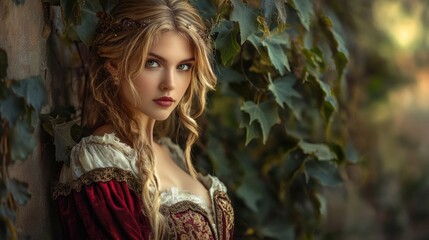 Medieval era portrait featuring a stunning young woman adorned in exquisite period attire amidst lush greenery.