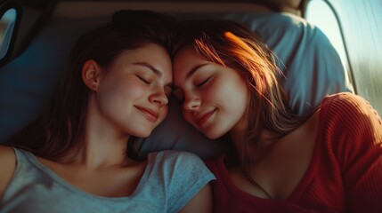 Tender moment between a loving lesbian couple sharing intimacy in a cozy camper trailer, celebrating love and connection in an LGBT context.