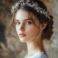 Fototapeta premium Elegant portrait of a young bride showcasing a stunning wedding hairstyle adorned with delicate floral accents in a romantic setting