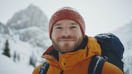 Smiling man in winter gear stands in snowy mountains enjoying a hiking adventure during his holiday surrounded by a beautiful winter landscape
