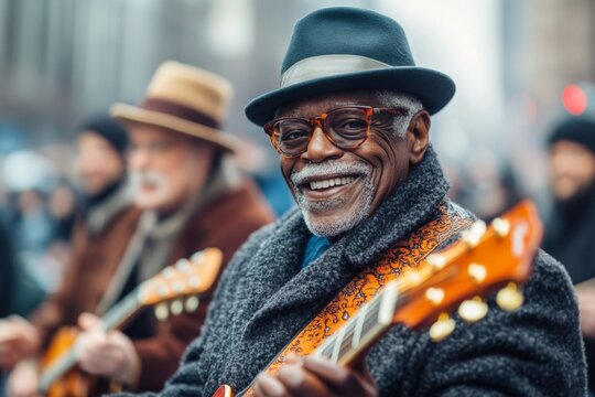 A group of musicians playing in the street, their joyful expressions reflecting their love for the music and the energy of the crowd