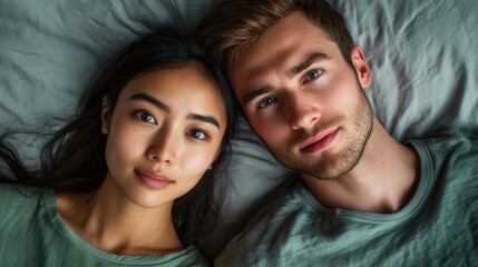 Portrait of serious multiethnic couple lying in bed together gazing at camera Young married couple intimacy concept in soft lighting