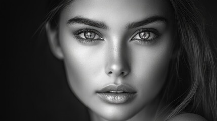 Fototapeta premium Serious girl portrait with captivating eyes in a striking black and white composition highlighting emotion and intensity.
