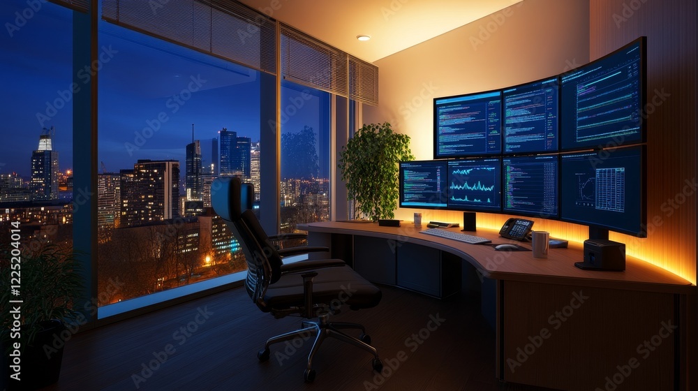 Poster modern office workspace at night with multiple screens displaying data and a city skyline view