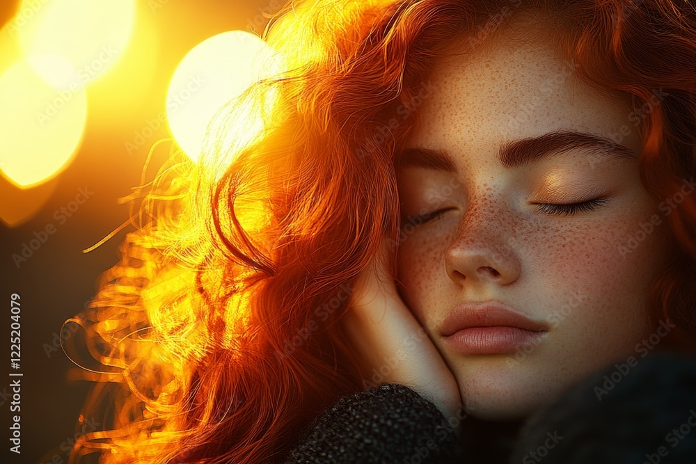 Poster a hyper-realistic close-up of a person face softly lit by a sunset, their eyes half-closed and a fai