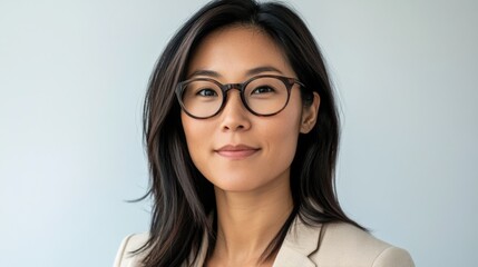 Fototapeta premium Professional portrait of a confident Asian businesswoman with glasses against a neutral background showcasing modern corporate style.