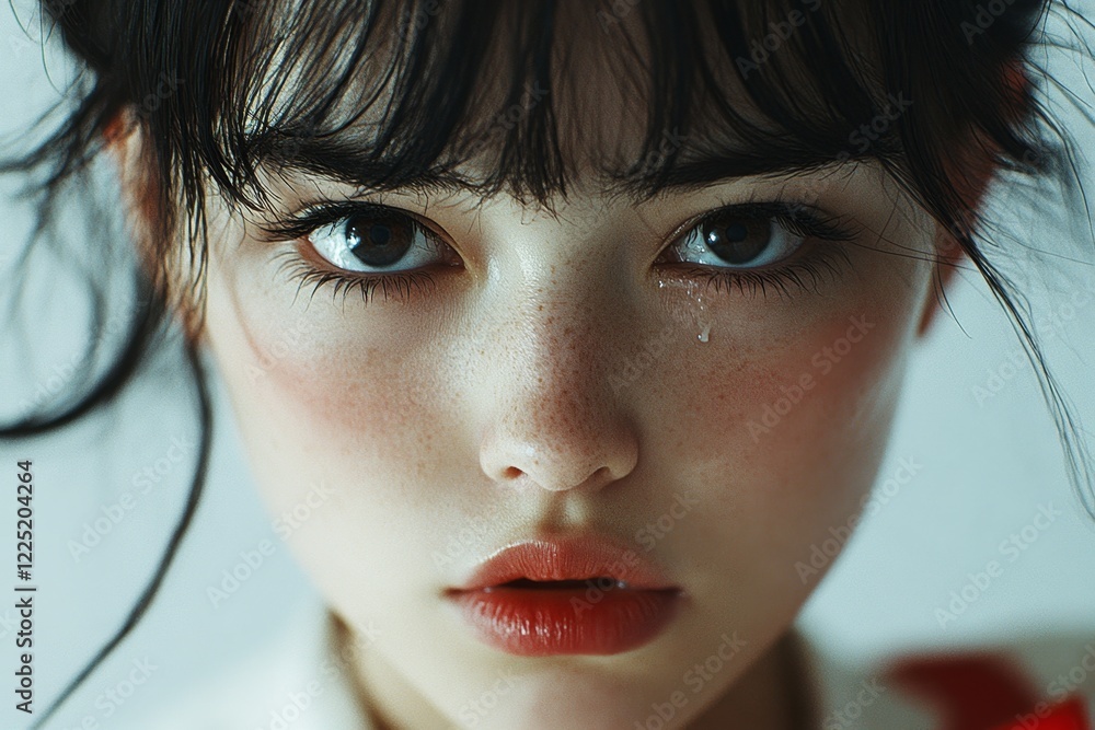Poster a hyper-realistic close-up of a person face with their eyes narrowed, jaw clenched, and a tear rolli