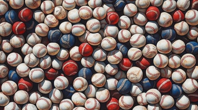 Pile of vintage baseballs in red, white, and blue. Perfect for sports, Americana, or nostalgic themes.
