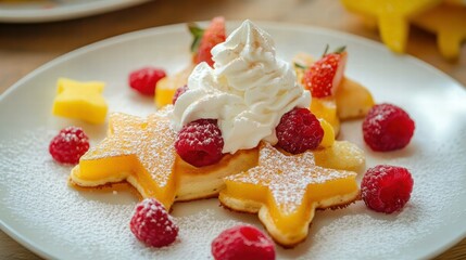 Delightful star-shaped pancakes with fruit and whipped cream home kitchen food art cozy brunch setting whimsical treats