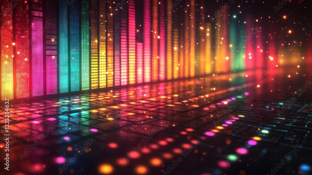 Poster pulsing neon music equalizer bar with vibrant glowing columns against dark backdrop
