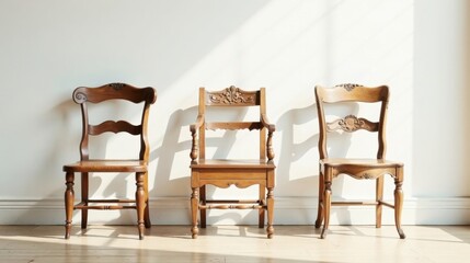 Three antique wooden chairs arranged against a bright wall bathed in sunlight
