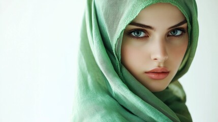Fototapeta premium Modern Muslim woman in stylish hijab displaying elegance and beauty against a clean white backdrop emphasizing contemporary fashion trends.