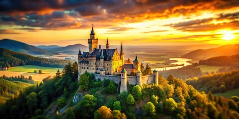 Fototapeta premium Dramatic tilt-shift photography transforms a craggy castle sunset into a fantastical miniature world.