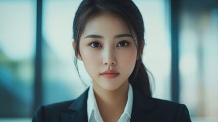 Obraz premium Confident young Asian businesswoman in formal attire posing for a professional portrait with a modern office background