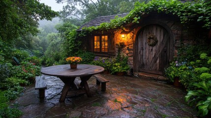 Cozy stone cottage patio, rainy evening, lush garden, relaxing getaway