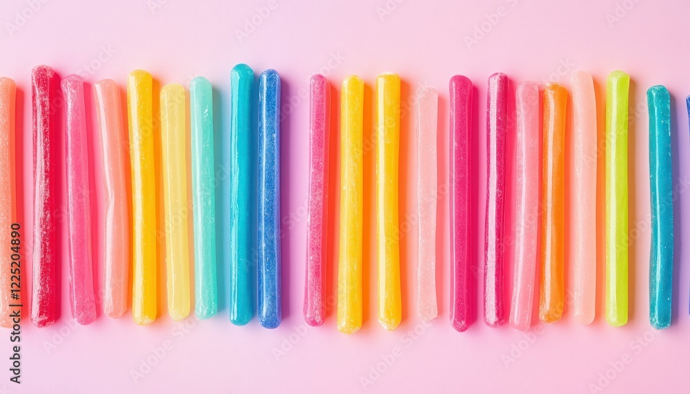 Wall mural a colorful row of gummy sticks arranged on a pink background creating a vibrant and playful pattern