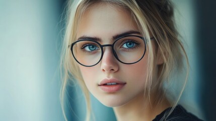 Fototapeta premium Young businesswoman with glasses in an office setting showcasing professionalism and focus on her career goals.