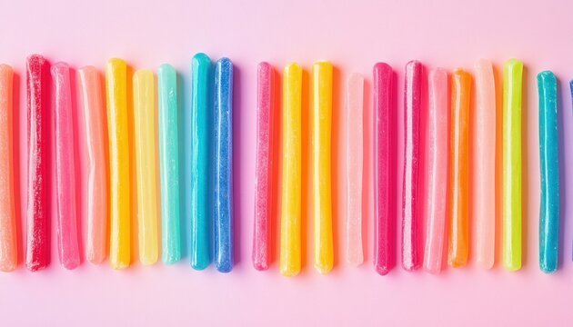 A colorful row of gummy sticks arranged on a pink background creating a vibrant and playful pattern