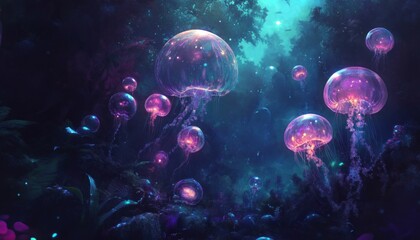 Naklejka premium Luminous jellyfish float gently in the deep ocean, their glow illuminating the dark waters