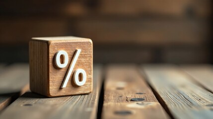Wooden Block Percentage Symbol on Rustic Surface Represents Financial Growth and Interest Rates