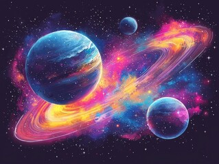 Neon Galaxy with Glowing Planets and Radiant Cosmic Auroras