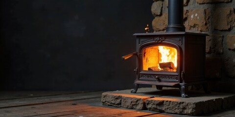 Obraz premium Warmth and comfort emanating from a rustic iron wood stove against a textured stone wall