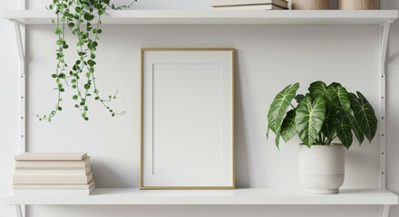 Blank White Picture Frame on Shelf with Green Potted Plants and Books