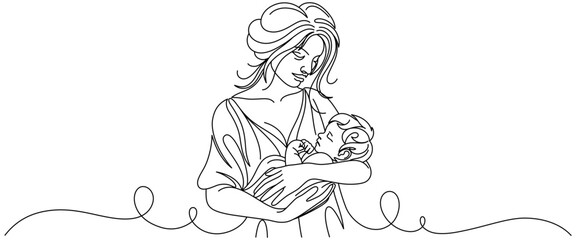vector illustration of mother holding baby, line art style. mother's day